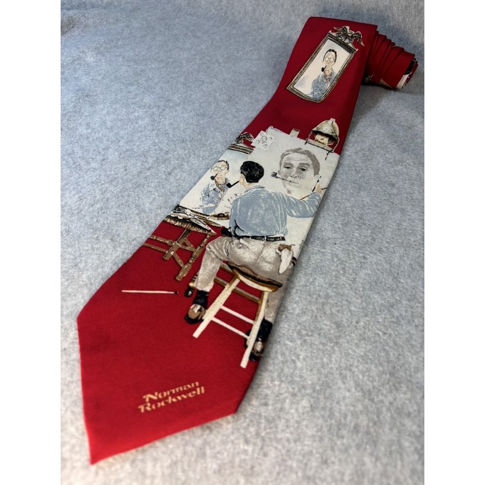 Norman Rockwell Triple Self Portrait Red Silk Saturday Evening Post Tie Mens